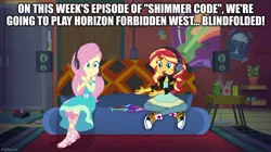 Size: 888x499 | Tagged: safe, derpibooru import, edit, edited screencap, screencap, fluttershy, sunset shimmer, equestria girls, equestria girls series, game stream, spoiler:eqg series (season 2), caption, image, image macro, jpeg, text