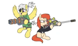 Size: 2000x1200 | Tagged: safe, artist:amateur-draw, derpibooru import, oc, oc:phosphor flame, oc:silver charm, unofficial characters only, earth pony, pegasus, pony, clothes, eyepatch, female, gun, image, jacket, leather, leather jacket, mare, minigun, overalls, png, rifle, short tail, simple background, sniper, sniper rifle, tail, weapon, white background