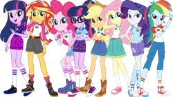 Size: 1280x720 | Tagged: safe, artist:cutler1228, derpibooru import, applejack, fluttershy, pinkie pie, rainbow dash, rarity, sci-twi, sunset shimmer, twilight sparkle, equestria girls, camp everfree outfits, humane five, humane seven, humane six, image, png, twolight, vector