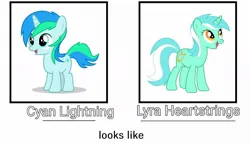 Size: 1080x634 | Tagged: safe, derpibooru import, edit, part of a set, lyra heartstrings, oc, oc:cyan lightning, unofficial characters only, pony, unicorn, comparison, duo, duo male and female, female, filly, foal, image, jpeg, male