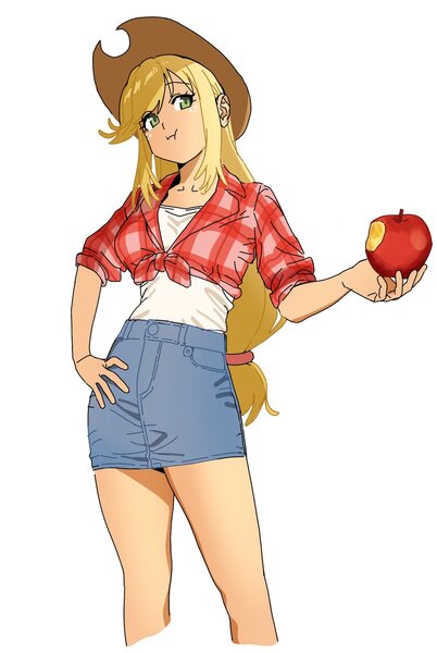 Size: 1372x2048 | Tagged: safe, artist:ksrvgn, derpibooru import, applejack, human, apple, clothes, denim, denim skirt, eating, female, flannel shirt, food, front knot midriff, hand on hip, humanized, image, jpeg, midriff, shirt, simple background, skirt, solo, undershirt, white background