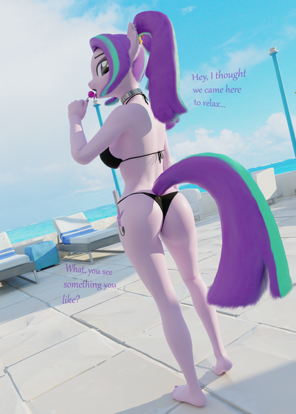 Size: 5000x7000 | Tagged: suggestive, artist:lumimation, derpibooru import, aria blaze, anthro, earth pony, plantigrade anthro, equestria girls, 3d, absurd file size, absurd resolution, arse-ia blaze, beach, beach chair, bedroom eyes, big breasts, bikini, breasts, busty aria blaze, candy, chair, clothes, feet, female, food, image, large butt, licking, lollipop, looking at you, looking back, looking back at you, ocean, png, realistic mane, sexy, solo, solo female, speech, sultry pose, swimsuit, talking, text, tongue out, water