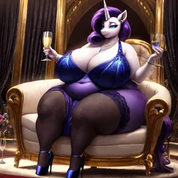Size: 1024x1024 | Tagged: suggestive, derpibooru import, machine learning generated, stable diffusion, rarity, anthro, unguligrade anthro, unicorn, ai content, armchair, bbw, big breasts, breasts, busty rarity, chair, cleavage, clothes, dress, ear piercing, earring, fat, female, glass, huge breasts, image, impossibly large breasts, jewelry, necklace, obese, piercing, png, prompter:professordoctorc, rarithighs, raritubby, socks, solo, solo female, stiletto heels, stockings, thigh highs, thighs, thunder thighs, wine glass