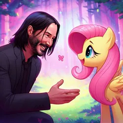 Size: 680x680 | Tagged: dead source, safe, derpibooru import, machine learning generated, fluttershy, butterfly, human, insect, pegasus, pony, ai content, black shirt, black tie, clothes, cute, forest, holding out hand, image, john wick, jpeg, keanu reeves, smiling, suit, tree