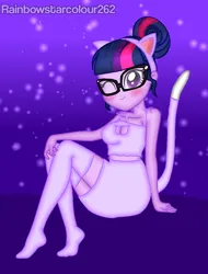 Size: 1532x2016 | Tagged: safe, artist:rainbowstarcolour262, derpibooru import, sci-twi, twilight sparkle, cat, human, series:equ shadowcats, equestria girls, alternate versions at source, animal costume, bare shoulders, blushing, boob window, breasts, busty sci-twi, cat costume, cat ears, cat tail, catgirl, cleavage, clothes, costume, crystal prep shadowbolts, cute, female, glasses, gradient background, image, looking at you, one eye closed, png, purple eyes, signature, sitting, skirt, sleeveless, socks, solo, stockings, tail, thigh highs, upskirt denied, wink