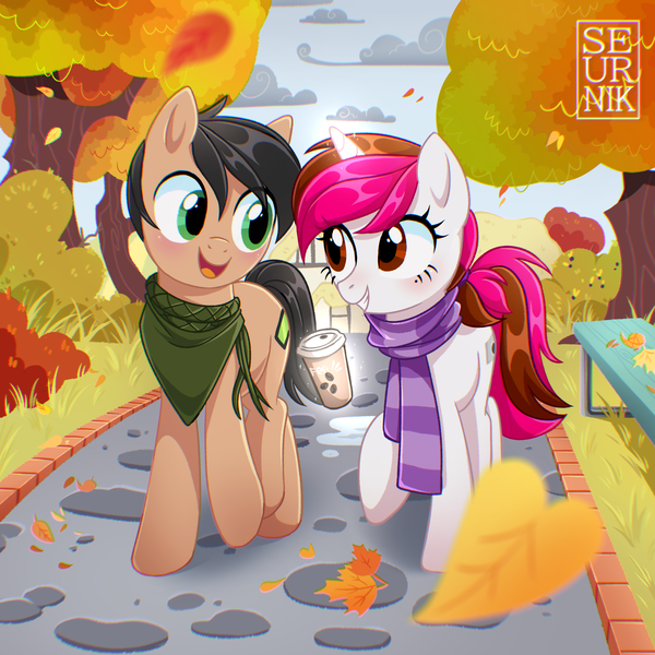 Size: 2548x2548 | Tagged: safe, artist:seurnik, derpibooru import, oc, oc:kosh, oc:vetta, unofficial characters only, earth pony, pony, unicorn, autumn, bench, clothes, coffee, image, leaves, looking at each other, looking at someone, png, scarf, striped scarf