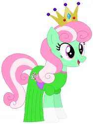 Size: 343x455 | Tagged: safe, artist:4swords4ever, artist:selenaede, artist:user15432, derpibooru import, minty, earth pony, g3, base used, clothes, costume, crown, dress, g3 to g4, g4, generation leap, gloves, gown, green dress, halloween, halloween costume, holiday, image, jewelry, open mouth, open smile, png, princess, princess dress, princess minty, regalia, simple background, white background