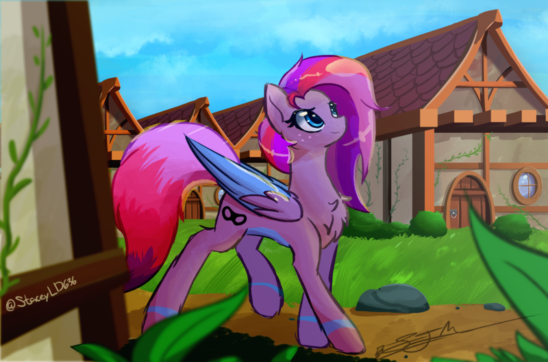 Size: 4447x2938 | Tagged: safe, artist:staceyld636, derpibooru import, oc, pegasus, pony, chest fluff, commission, complex background, dirt, female, freckles, grass, house, houses, image, lightning, mare, pegasus oc, png, rock, shading, sky, smiling, trotting, trotting in place, wings