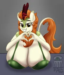 Size: 2611x3022 | Tagged: suggestive, artist:trash anon, ponerpics import, ponybooru import, autumn blaze, anthro, kirin, bedroom eyes, big breasts, bra, breasts, busty autumn blaze, cleavage, clothes, female, heart hands, huge breasts, image, impossibly large breasts, looking at you, png, simple background, smiling, solo, solo female, underwear