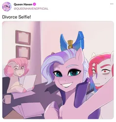 Size: 2048x2152 | Tagged: safe, artist:aztrial, derpibooru import, queen haven, oc, oc:fleet raine, pegasus, pony, g5, divorce, divorce selfie, female, image, male, mare, meme, png, ponified meme, selfie, stallion, trio