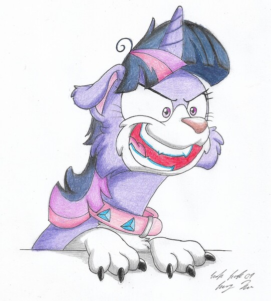 Size: 1404x1558 | Tagged: safe, artist:silversimba01, derpibooru import, twilight sparkle, dog, unicorn, border collie, crazy face, faic, female, image, jpeg, littlest pet shop, parody, solo, species swap, twilight barkle, twilight snapple, zoe trent