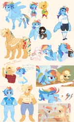 Size: 5010x8227 | Tagged: safe, artist:glorymoon, derpibooru import, applejack, rainbow dash, oc, oc:costal blast "shark", oc:relay, anthro, earth pony, pegasus, plantigrade anthro, pony, shark, unguligrade anthro, fall weather friends, alternate cutie mark, alternate design, appledash, arm scar, armband, bite mark, blaze (coat marking), blush lines, blushing, braid, breasts, bucket, busty applejack, chest fluff, clothes, coat markings, confused, denim, drool, ear fluff, eyebrows, eyes closed, facial markings, facial scar, fangs, female, flapping, flower, flower in hair, flying, folded wings, freckles, glasses, gradient legs, grin, grulla overo, hand in pocket, heart, hoofbump, hug, image, inner tube, jeans, jewelry, lesbian, lidded eyes, looking at each other, looking at someone, looking at you, magical lesbian spawn, male, mother and child, mother and daughter, mother and son, necklace, offspring, pale belly, pants, parent:applejack, parent:rainbow dash, parents:appledash, partially open wings, png, ponytail, pool toy, question mark, raised eyebrow, raised hoof, reading glasses, running of the leaves, scar, scarred, shark tooth necklace, sharp teeth, shawl, shipping, shirt, shoes, short shirt, shorts, shoulder freckles, simple background, smiling, socks, spread wings, standing, star (coat marking), star wars, sunglasses, sunglasses on head, swimsuit, t-shirt, talking, teeth, tooth necklace, twitterina design, unsure, whistle, whistle necklace, white background, wing freckles, wing scar, winghug, wings, wings down