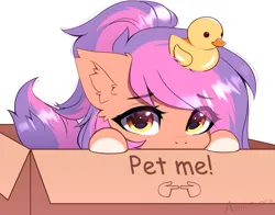 Size: 2773x2170 | Tagged: safe, alternate version, artist:airiniblock, derpibooru import, oc, oc:vesper, unofficial characters only, earth pony, pony, box, cardboard box, commission, ear fluff, earth pony oc, fingers together, heart, heart eyes, image, looking at you, pet request, png, pony in a box, puppy dog eyes, simple background, solo, white background, wingding eyes, ych result, your character here