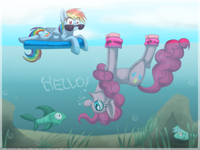 Size: 2000x1500 | Tagged: safe, artist:inuhoshi-to-darkpen, derpibooru import, lyra heartstrings, pinkie pie, rainbow dash, earth pony, fish, pegasus, pony, sea pony, floaty, hello, image, inner tube, pinkie being pinkie, png, pool toy, seaponified, seapony lyra, species swap, sunglasses, underwater, upside down, water