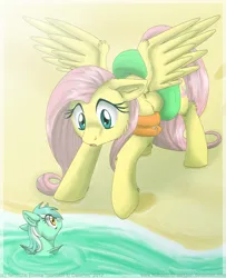 Size: 1300x1600 | Tagged: safe, artist:inuhoshi-to-darkpen, derpibooru import, fluttershy, lyra heartstrings, pegasus, pony, sea pony, beach, floaty, image, inner tube, looking at each other, looking at someone, png, pool toy, seaponified, seapony lyra, smiling, species swap, surprised, water