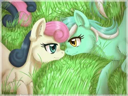 Size: 1600x1200 | Tagged: safe, artist:inuhoshi-to-darkpen, derpibooru import, bon bon, lyra heartstrings, sweetie drops, earth pony, pony, unicorn, duo, female, grass, image, lesbian, lidded eyes, looking at each other, looking at someone, lying down, lyrabon, nose to nose, png, shipping, smiling