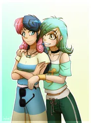 Size: 1119x1519 | Tagged: safe, artist:inuhoshi-to-darkpen, derpibooru import, bon bon, lyra heartstrings, sweetie drops, human, choker, clothes, cutie mark, cutie mark on clothes, duo, female, gradient background, humanized, image, jewelry, lesbian, looking at each other, looking at someone, lyrabon, pendant, png, shipping, side hug, smiling, sunglasses