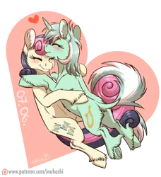 Size: 1929x2112 | Tagged: safe, artist:inuhoshi-to-darkpen, derpibooru import, bon bon, lyra heartstrings, sweetie drops, earth pony, pony, unicorn, abstract background, duo, eyes closed, female, heart, hug, image, lesbian, lyrabon, png, shipping, smiling