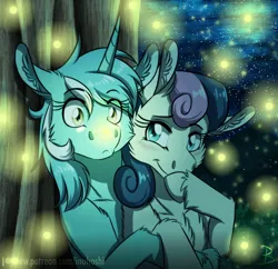 Size: 1656x1600 | Tagged: safe, artist:inuhoshi-to-darkpen, derpibooru import, bon bon, lyra heartstrings, sweetie drops, earth pony, firefly (insect), insect, pony, unicorn, amused, bon bon is amused, duo, female, image, insect on nose, lesbian, lyrabon, night, png, shipping, smiling, tree, unshorn fetlocks