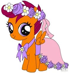 Size: 1028x1100 | Tagged: safe, artist:playtimerogerhargreavesandbonniezacherlefan68, derpibooru import, scootaloo, pegasus, pony, a canterlot wedding, season 2, bridesmaid dress, clothes, colored, coloring page, cute, cutealoo, dress, female, filly, floral head wreath, flower, flower filly, flower girl, flower girl dress, foal, g4, image, png, simple background, solo, white background