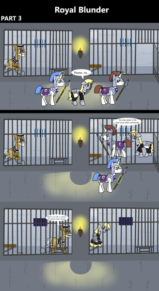 Size: 1920x3516 | Tagged: safe, artist:platinumdrop, derpibooru import, apple strudel, derpy hooves, earth pony, pegasus, pony, unicorn, comic:royal blunder, 3 panel comic, alternate universe, ankle cuffs, apple family member, armor, avoiding eye contact, ball and chain, bars, blood, bowl, chained, chains, clothes, comic, commission, crying, cuffed, cuffs, dialogue, door, dungeon, elderly, female, floppy ears, folded wings, food, glow, glowing horn, gruel, guard, hat, horn, image, indoors, jail, jail cell, magic, maid, male, mare, nosebleed, onomatopoeia, open mouth, pleading, png, prison, prison cell, prison outfit, prison stripes, prisoner, punishment, restraints, sad, shackles, sitting, sniffling, sound effects, spear, speech bubble, spider web, stallion, talking, telekinesis, torch, uniform, walking, wall of tags, weapon, window, wings, wings down