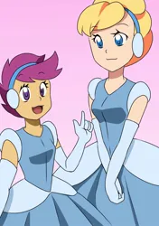 Size: 1058x1500 | Tagged: safe, artist:aokushan, derpibooru import, scootaloo, human, equestria girls, cinderella, clothes, dress, evening gloves, female, gloves, gown, humanized, image, jpeg, long gloves, open mouth, poofy shoulders, smiling