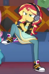 Size: 315x479 | Tagged: safe, derpibooru import, screencap, sunset shimmer, equestria girls, equestria girls series, game stream, spoiler:eqg series (season 2), cropped, headphones, image, png, solo focus, tongue out