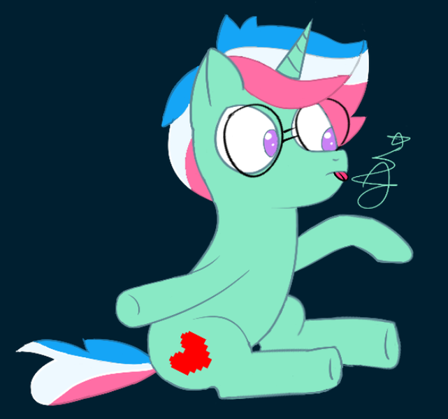 Size: 645x604 | Tagged: safe, artist:huxed, derpibooru import, oc, oc:enderson, unofficial characters only, pony, unicorn, :p, blue hair, dark background, glasses, heart, horn, image, multicolored hair, pink hair, png, purple eyes, signature, solo, tongue out, undertale, white hair