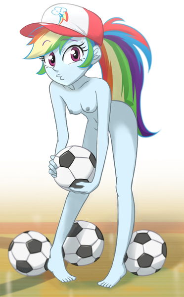 Size: 620x1000 | Tagged: questionable, anonymous editor, artist:ta-na, artist:ta-na edits, derpibooru import, edit, rainbow dash, epic fails (equestria girls), eqg summertime shorts, equestria girls, ball, barefoot, breasts, cap, cute, dashabetes, feet, female, football, hat, image, looking at you, nipples, nude edit, nudity, png, solo, sports