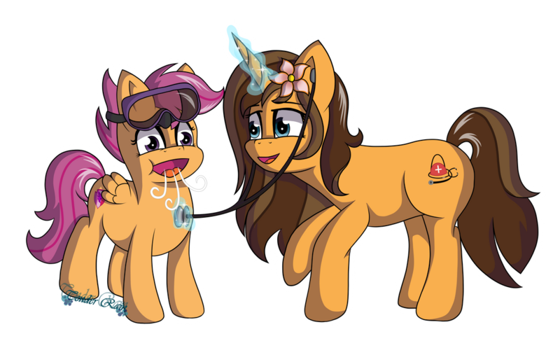 Size: 1123x711 | Tagged: safe, artist:tenderrain-art, derpibooru import, scootaloo, oc, oc:tranquil paradise, pony, friendship is magic, breathing, checkup, commission, dive mask, female, filly, flower, flower in hair, foal, g4, goggles, image, magic, png, stethoscope