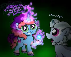 Size: 3228x2615 | Tagged: safe, artist:background basset, derpibooru import, pony, unicorn, g5, alphabittle blossomforth, dialogue, fire, fire magic, gradient background, image, magic, misty brightdawn, png, possessed, text