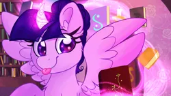 Size: 3840x2160 | Tagged: safe, artist:littleblackraencloud, derpibooru import, twilight sparkle, twilight sparkle (alicorn), alicorn, pony, commission, image, library, magic, magic aura, png, smiling, solo, tongue out