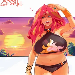 Size: 2000x2000 | Tagged: suggestive, artist:sozglitch, derpibooru import, sunset shimmer, human, equestria girls, armpits, beach, belly button, big breasts, bikini, breasts, busty sunset shimmer, clothes, female, floating heart, heart, high res, huge breasts, image, jpeg, looking at you, nail polish, open mouth, open smile, passepartout, plump, smiling, smiling at you, solo, solo female, sunset, swimsuit, wide hips