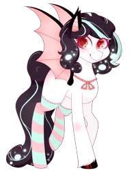 Size: 1720x2160 | Tagged: safe, artist:oniiponii, derpibooru import, oc, unofficial characters only, bat pony, pony, bat pony oc, bat wings, clothes, female, image, mare, png, simple background, smiling, socks, solo, striped socks, transparent background, unshorn fetlocks, wings