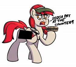Size: 1229x1080 | Tagged: suggestive, oc, oc:wah wah, unofficial characters only, pegasus, pony, blush lines, censor bar, censored, female, food, image, jpeg, looking at you, looking back, looking back at you, mare, sandwich, simple background, wawa, white background