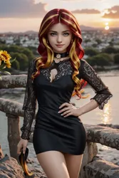 Size: 683x1024 | Tagged: safe, derpibooru import, machine learning generated, stable diffusion, sunset shimmer, human, ai content, black dress, blurry background, breasts, busty sunset shimmer, choker, clothes, cloud, dress, female, flower, generator:pixai, hand on hip, humanized, image, jpeg, long sleeves, looking at you, mesh, pose, realistic, reasonably sized breasts, sky, solo, thighs