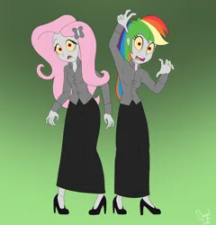 Size: 4488x4676 | Tagged: safe, artist:bageloftime, derpibooru import, fluttershy, rainbow dash, human, undead, zombie, equestria girls, clothes, duo, female, gradient background, halloween, halloween 2023, holiday, image, long skirt, png, skirt