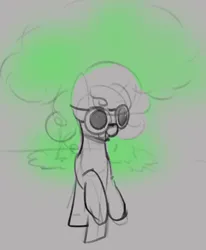 Size: 496x601 | Tagged: safe, artist:cornelia_nelson, derpibooru import, oc, oc:quickdraw, colored sketch, curly hair, explosion, goggles, image, mushroom cloud, png, simple background, sketch, smiling, solo, walking
