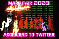 Size: 1885x1244 | Tagged: artist needed, editor needed, source needed, safe, edit, twilight sparkle, oc, oc:aryanne, earth pony, pony, unicorn, confederate flag, cross burning, female, image, ku klux klan, mare, mare fair, mare fair 2023, meme, meta, png, twitter, what twitter sees