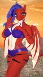 Size: 2160x3840 | Tagged: suggestive, artist:kevhon, derpibooru import, oc, oc:ember stormfall, unofficial characters only, anthro, dragon, 3d, bra, breasts, clothes, dragon oc, dragoness, eyeshadow, female, hand on breasts, image, lipstick, looking at you, makeup, nail polish, non-pony oc, panties, png, solo, solo female, source filmmaker, sunset, underwear, wings