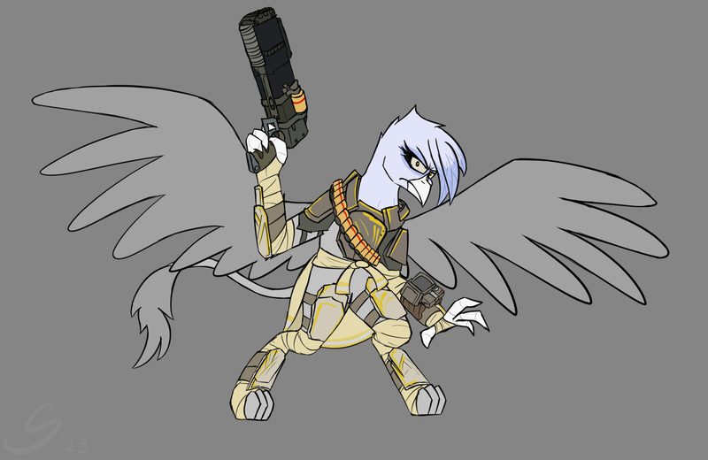 Size: 3133x2035 | Tagged: safe, alternate version, artist:somber, derpibooru import, oc, unofficial characters only, gryphon, fallout equestria, female, image, jpeg, raider, solo