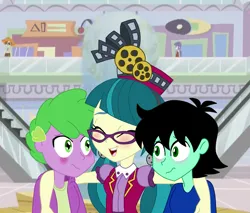 Size: 1637x1394 | Tagged: safe, derpibooru import, juniper montage, spike, oc, oc:hiram, human, equestria girls, concerned, confused, dúo male, female, hiniperke, hug, human spike, humanized, image, juniram, love triangle, male, png, shipping, spiniper, trio