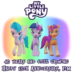 Size: 2010x2010 | Tagged: safe, derpibooru import, firefly, sunny starscout, twilight sparkle, twilight sparkle (alicorn), alicorn, g1, g5, 3d, 40th anniversary, anniversary, female, g4, generation leap, image, looking at you, mlp fim's thirteenth anniversary, png, rainbow, trio, trio female