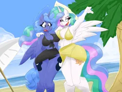 Size: 2700x2025 | Tagged: suggestive, artist:flutterthrash, derpibooru import, princess celestia, princess luna, alicorn, anthro, armpits, beach, beach umbrella, bikini, blushing, both cutie marks, breasts, busty princess celestia, busty princess luna, cleavage, clothes, cloud, commission, duo, duo female, female, g4, high res, horn, image, lidded eyes, ocean, open mouth, open smile, outdoors, palm tree, png, royal sisters, s1 luna, sand, siblings, sisters, smiling, spread wings, swimsuit, tail, tree, umbrella, water, wings