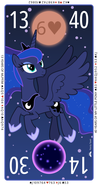 Size: 4000x7500 | Tagged: safe, artist:parclytaxel, derpibooru import, princess luna, tantabus, alicorn, pony, series:parcly's pony pattern playing cards, .svg available, absurd resolution, blood moon, contract bridge, female, flying, full moon, halloween, holiday, image, looking up, mare, mlp fim's thirteenth anniversary, moon, night, passepartout, playing card, png, smiling, stars, tarot card, tinyface, vector