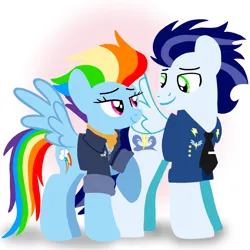 Size: 1400x1400 | Tagged: safe, artist:mlplary6, derpibooru import, rainbow dash, soarin', pegasus, pony, the last problem, bomber jacket, clothes, female, husband and wife, image, jacket, looking at each other, looking at someone, male, mare, older, older rainbow dash, older soarin', png, shipping, smiling, smiling at each other, soarindash, stallion, straight
