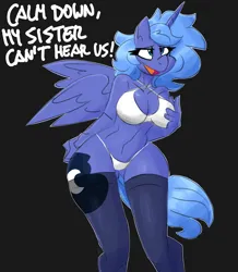 Size: 2300x2641 | Tagged: suggestive, artist:flutterthrash, derpibooru import, princess luna, alicorn, anthro, black background, bra, breasts, cleavage, clothes, dialogue, female, g4, grope, hand on breasts, hand on leg, hand on thigh, horn, image, implied princess celestia, open mouth, open smile, panties, png, s1 luna, self grope, simple background, smiling, socks, solo, solo female, spread wings, stockings, tail, thigh highs, underwear, white bra, white panties, white underwear, wide hips, wings