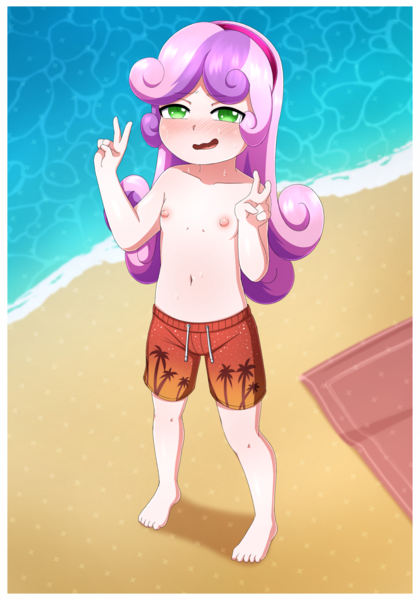 Size: 2100x3000 | Tagged: questionable, artist:gio, banned from derpibooru, sweetie belle, human, barefoot, beach, blushing, breasts, clothes, delicious flat chest, feet, female, humanized, image, lolicon, male swimwear challenge, nipples, nudity, partial nudity, peace sign, png, shorts, sweat, swimming trunks, topless, towel, underage
