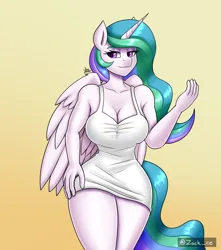 Size: 1500x1700 | Tagged: suggestive, artist:zachc, derpibooru import, princess celestia, alicorn, anthro, breasts, cleavage, clothes, dress, female, hand on hip, image, looking at you, png, smiling, solo, wings
