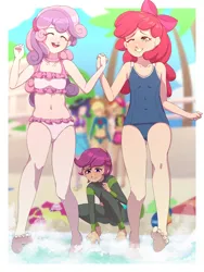 Size: 1200x1600 | Tagged: safe, artist:rockset, apple bloom, applejack, rainbow dash, rarity, scootaloo, sweetie belle, human, equestria girls, barefoot, beach, clothes, cutie mark crusaders, feet, holding hands, humanized, image, one-piece swimsuit, png, swimsuit